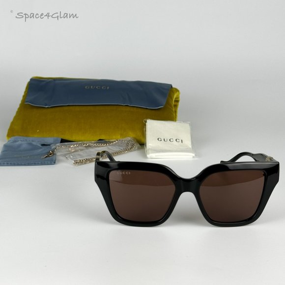 NEW Gucci GG1023S 005 Black Brown Square Chain Women Sunglasses - Picture 3 of 9